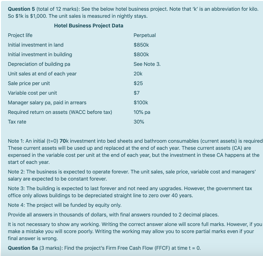  Question 5b (3 marks): Find the projects FFCF from times 1