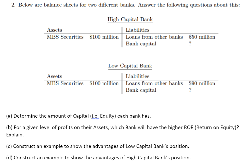 2. Below are balance sheets for two different banks. Answer the