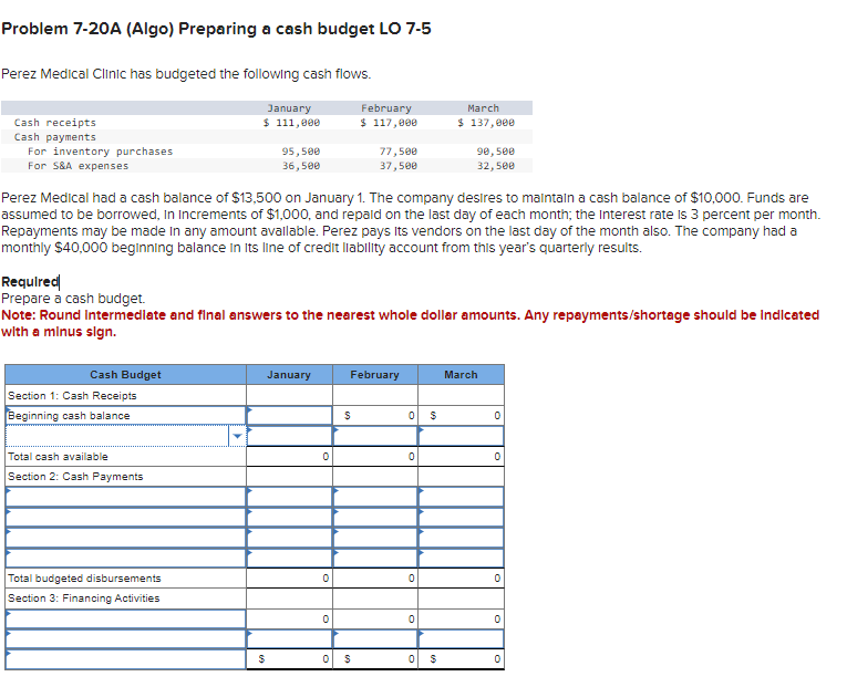  Problem 7-20A (Algo) Preparing a cash budget LO 7-5 Perez Medical
