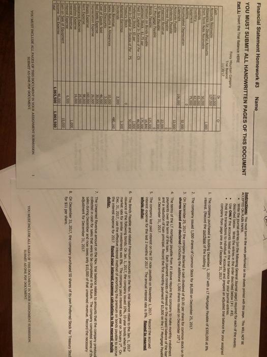  Financial Statement Homework #3 Name YOU MUST SUBMIT ALL HANDWRITTEN PAGES