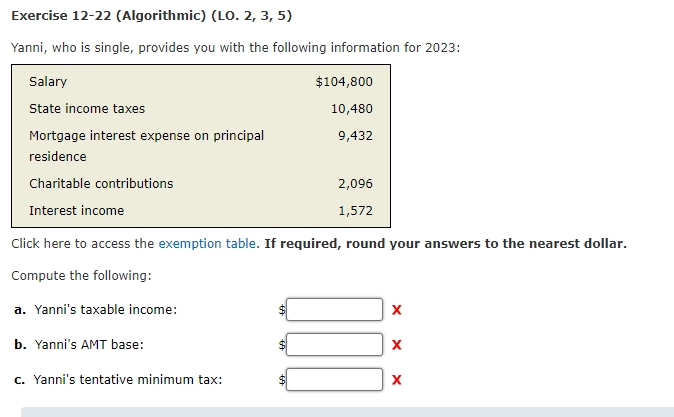  Exercise 12-22(Algorithmic)(LO.2,3,5) Yanni, who is single, provides you with the following