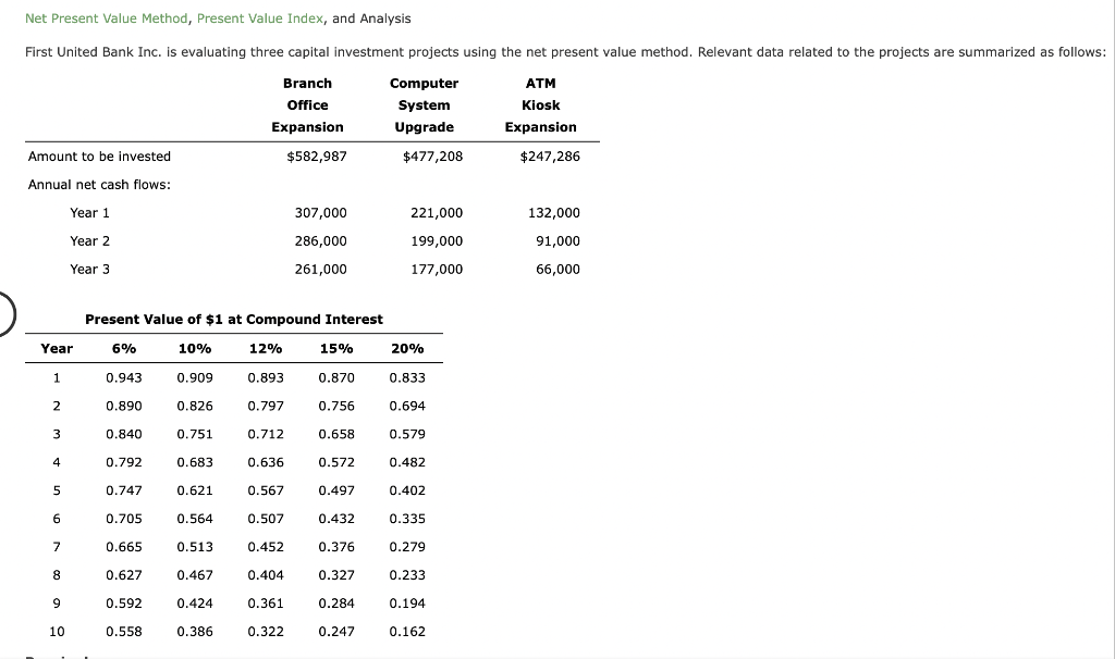  Net Present Value Method, Present Value Index, and Analysis First United