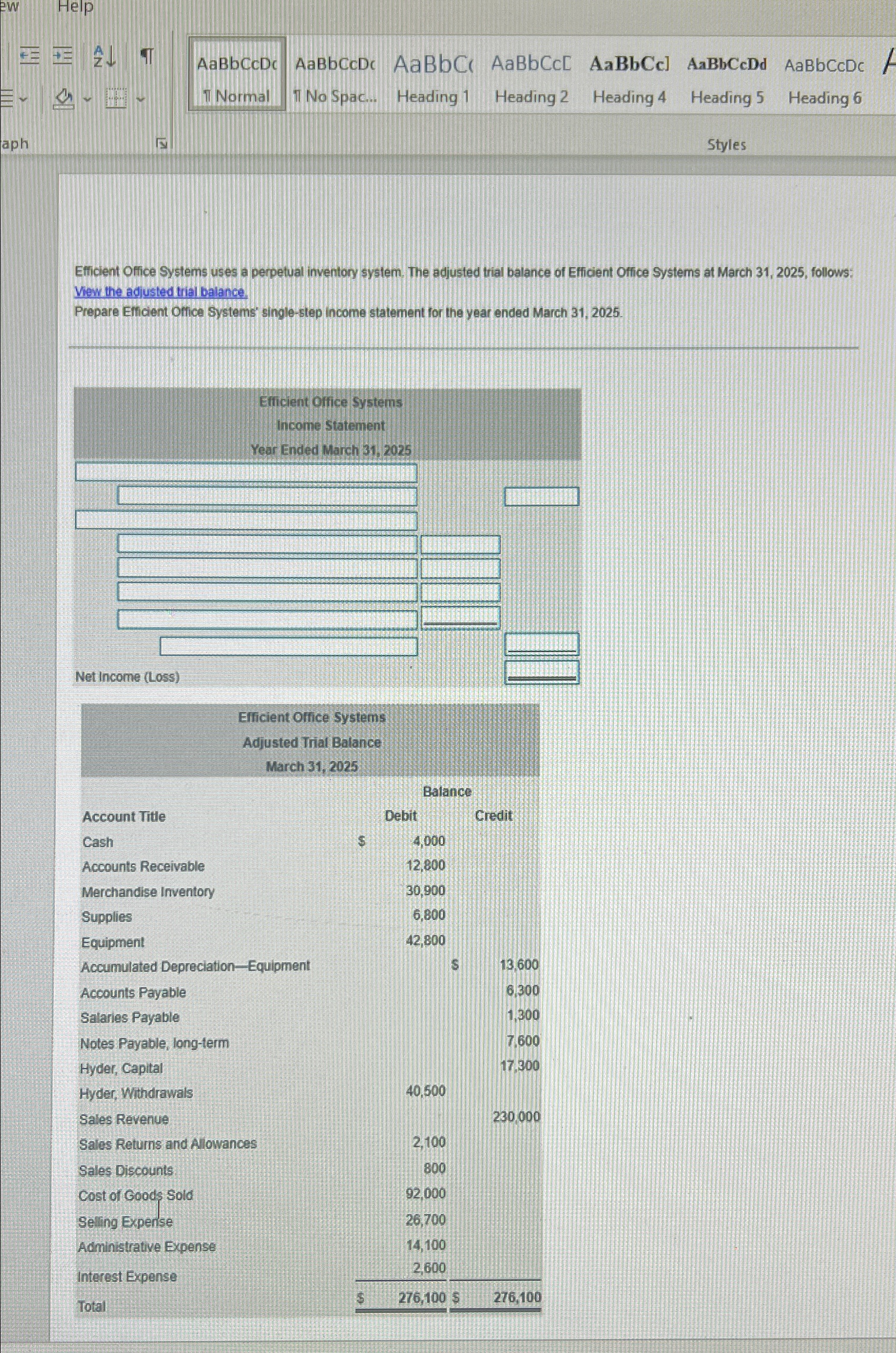  Efficient Office Systems uses a perpetual inventory system. The adjusted trial