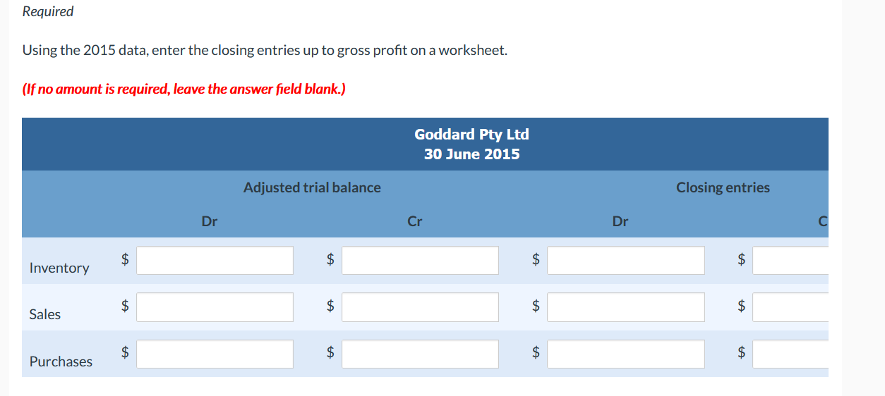  Required Using the 2015 data, enter the closing entries up to