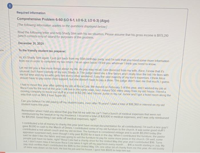  Required information Comprehensive Problem 6-60 (LO 6-1, LO 6-2, LO 6-3)