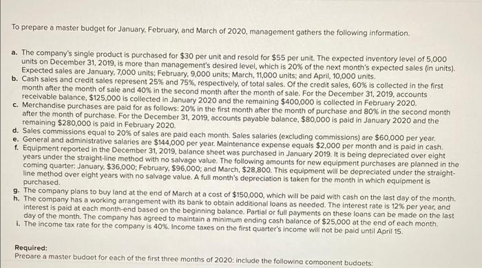  DUE TONIGHT @ 10:30 PLEASE HELP!!! To prepare a master budget