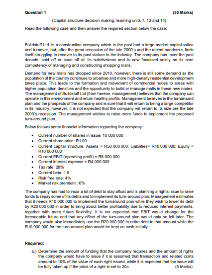 Question 1 (30 Marks) (Capital structure decision making, learning units 7.
