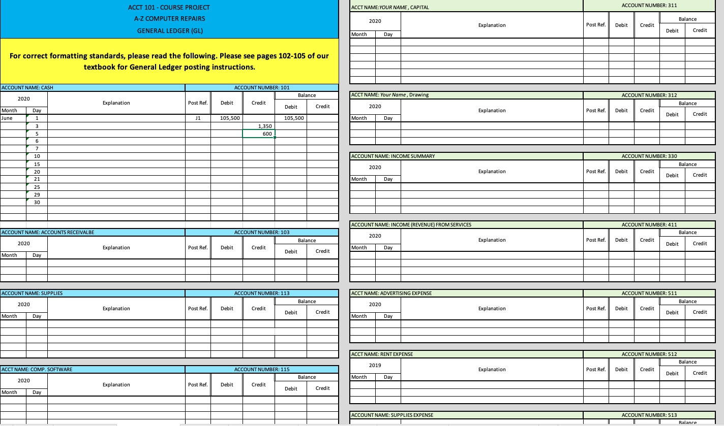- Cash 103 - Accounts Receivable 113 - Supplies 115 - Computer