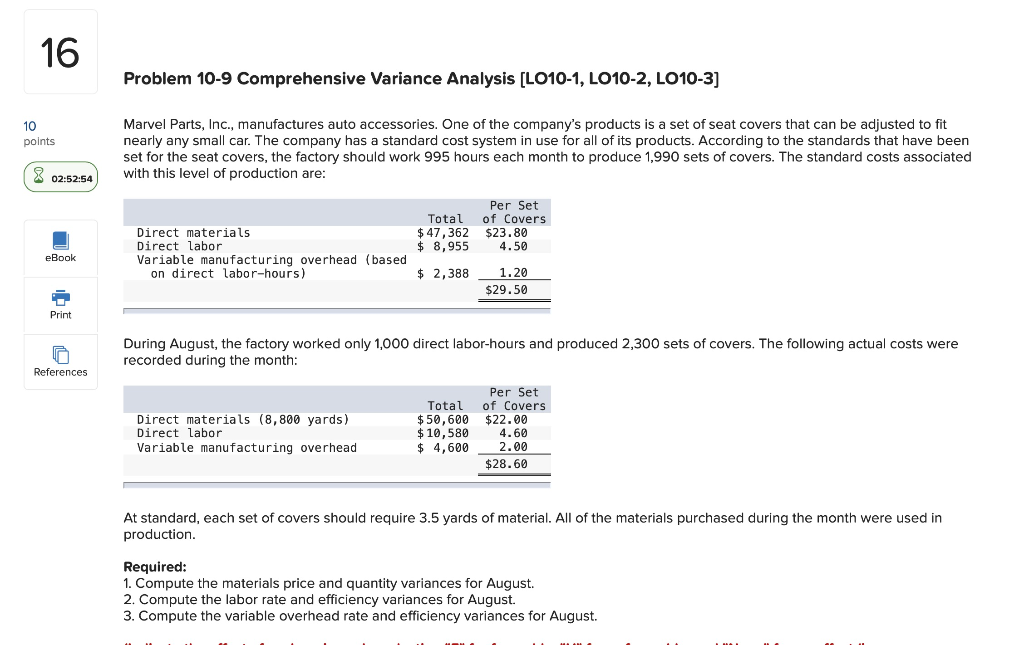  16 Problem 10-9 Comprehensive Variance Analysis (LO10-1, LO10-2, LO10-3] points Marvel