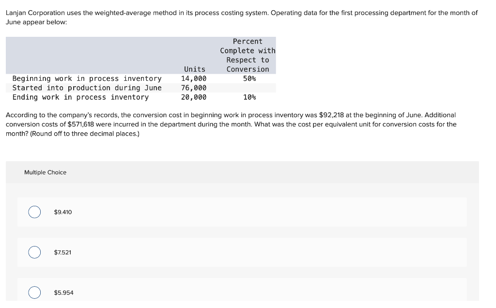 Lanjan Corporation uses the weighted average method in its process costing