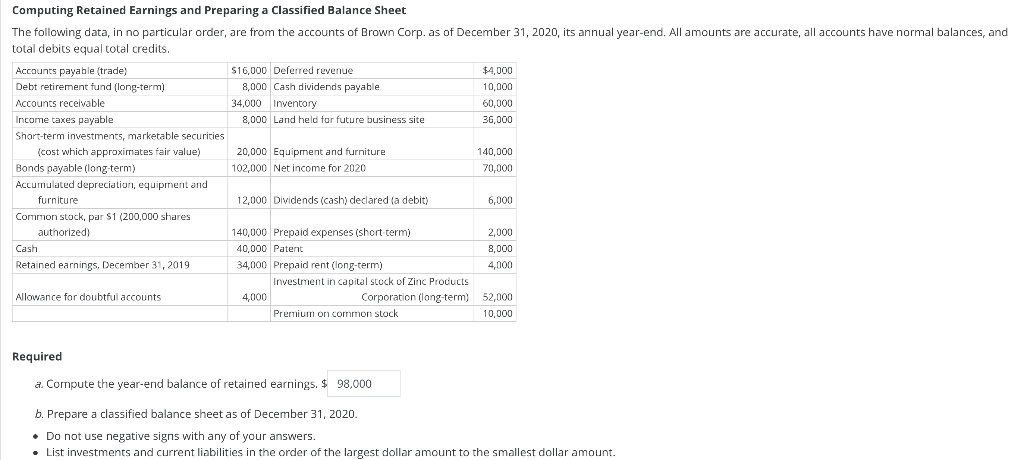  Computing Retained Earnings and Preparing a Classified Balance Sheet The following