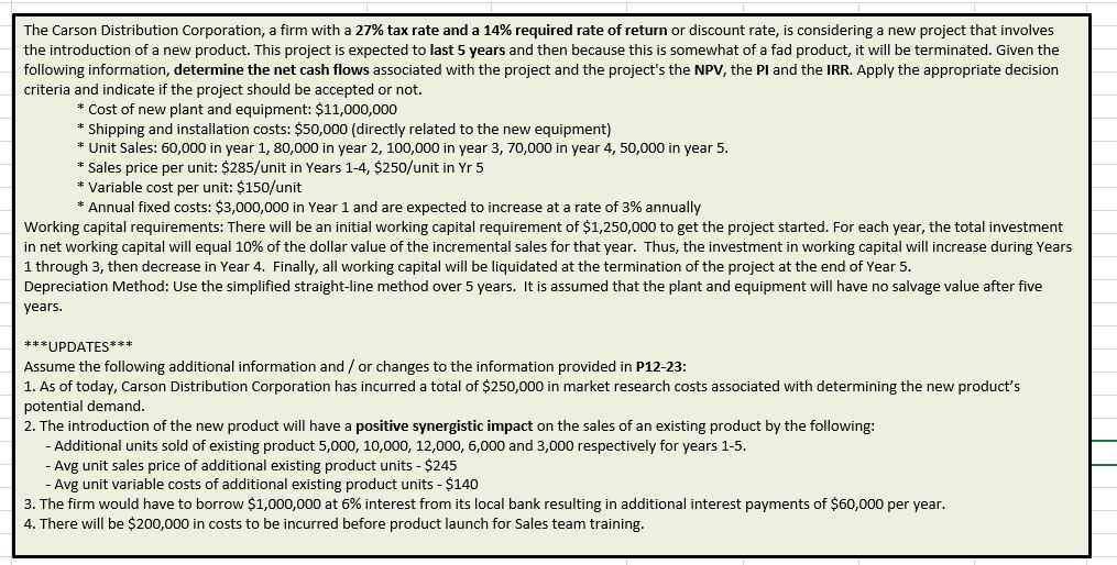Excel would be really helpful, thanks! The Carson Distribution Corporation, a