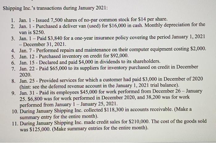 the role of the staff accountant for Shipping Inc., and perform Shipping