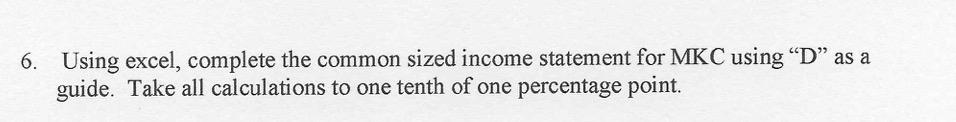 6. Using excel, complete the common sized income statement for MKC