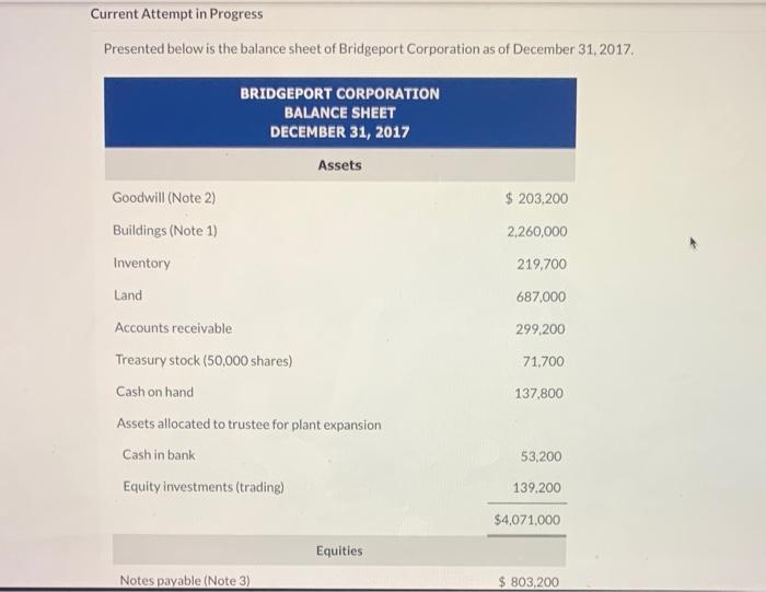  Current Attempt in Progress Presented below is the balance sheet of