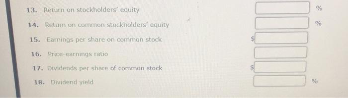  13. Return on stockholders' equity % 14. Return on common stockholders'
