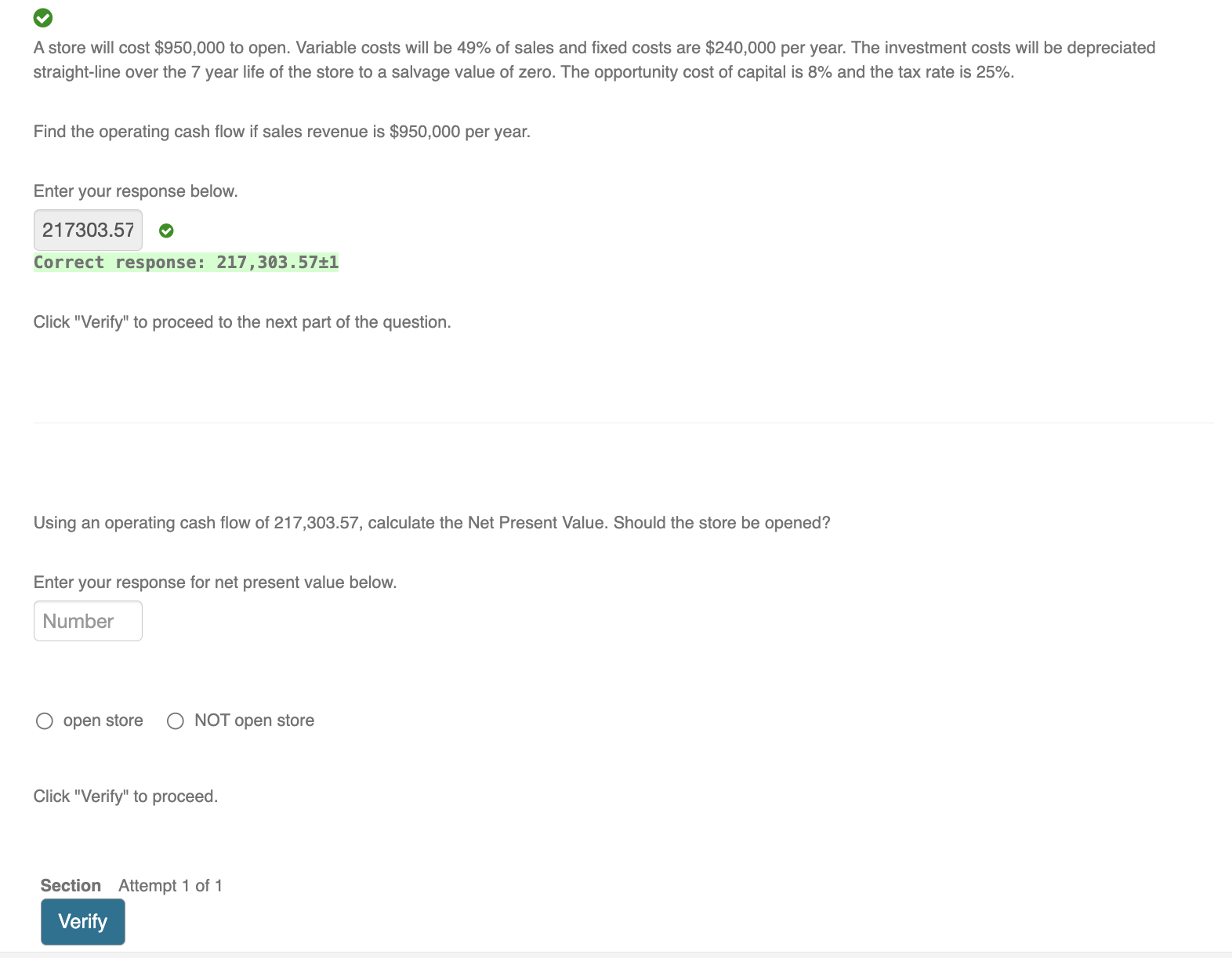  A store will cost $950,000 to open. Variable costs will be