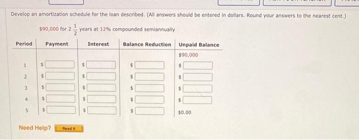  Develop an amortization schedule for the loan described. All answers should