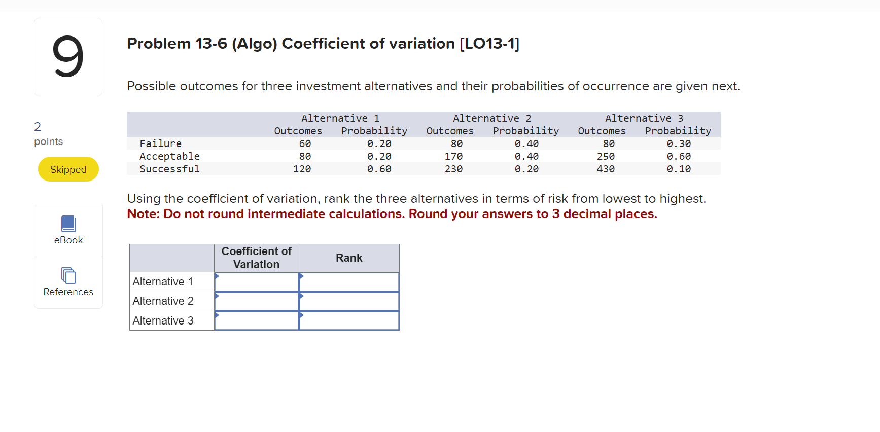  Problem 13-6(Algo) Coefficient of variation [LO13-1] Possible outcomes for three investment