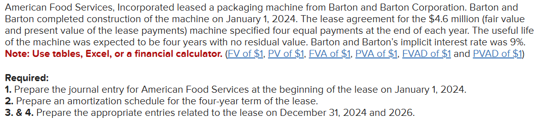  American Food Services, Incorporated leased a packaging machine from Barton and