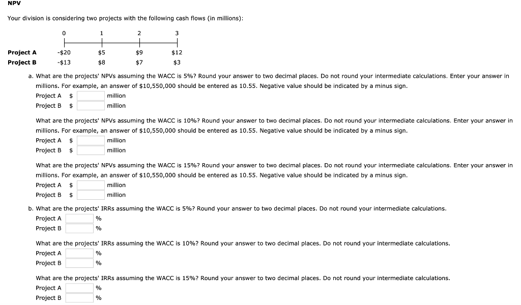  NPV Your division is considering two projects with the following cash