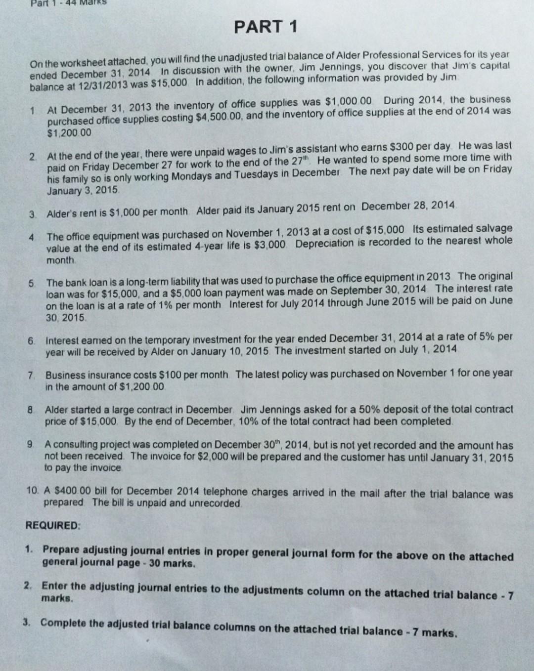  Part PART 1 On the worksheet attached, you will find the