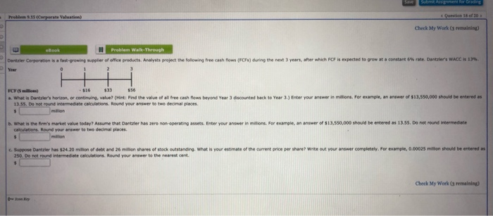  Save Subren Problem 9.15 (Corporate Valuation Check My Work remaining) eBook