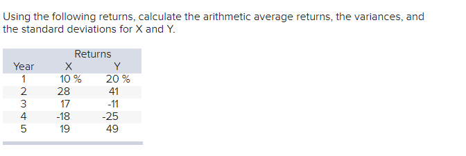  Calculate the arithmetic average return for X and Y. Calculate the