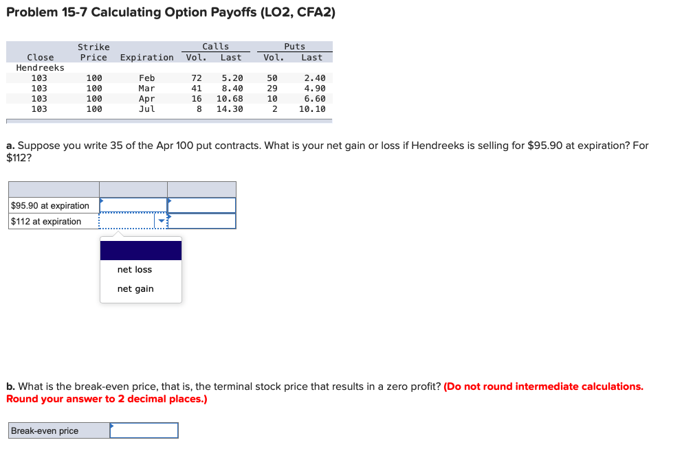 Problem 15-7 Calculating Option Payoffs (LO2, CFA2) Strike Calls Price Expiration