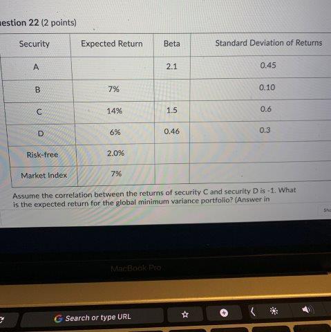  aestion 22 (2 points) Security Expected Return Beta Standard Deviation of