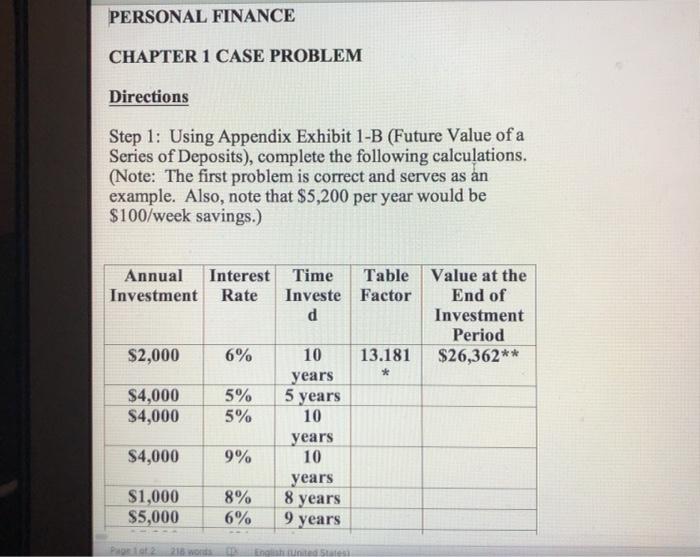  PERSONAL FINANCE CHAPTER 1 CASE PROBLEM Directions Step 1: Using Appendix