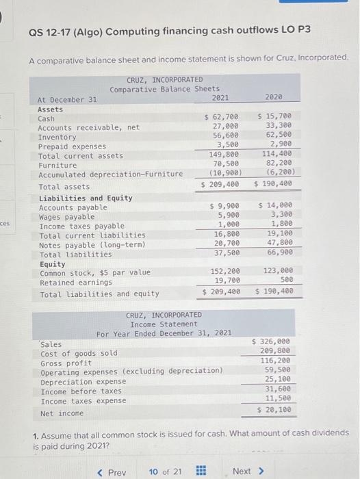  QS 12-17 (Algo) Computing financing cash outflows LO P3 - A