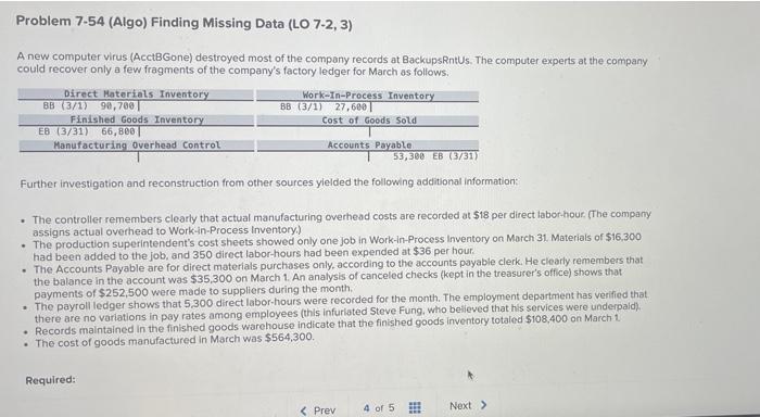  Problem 7-54 (Algo) Finding Missing Data (LO 7-2, 3) A new