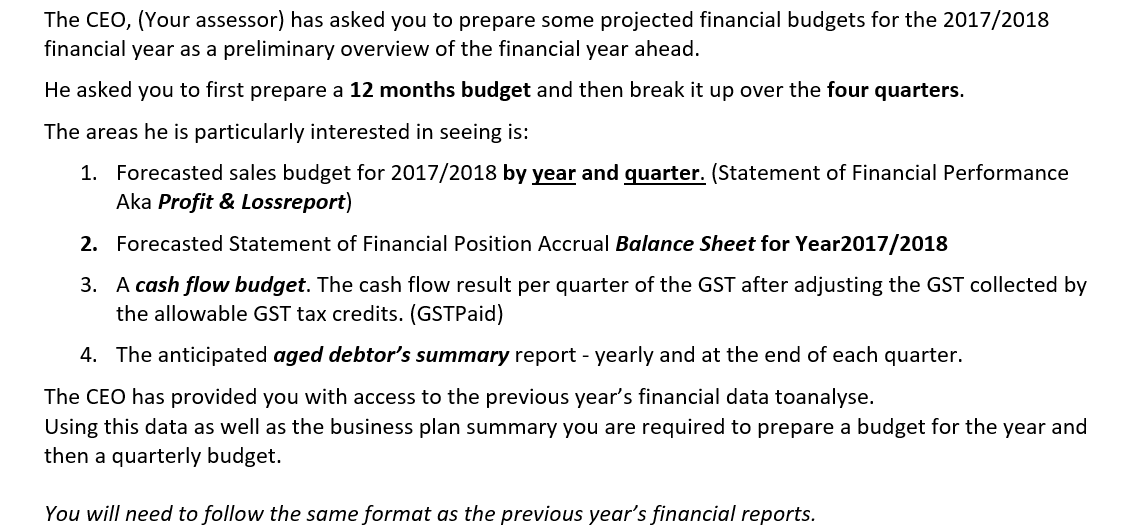I need help with this assignment, please. The CEO, (Your assessor) has