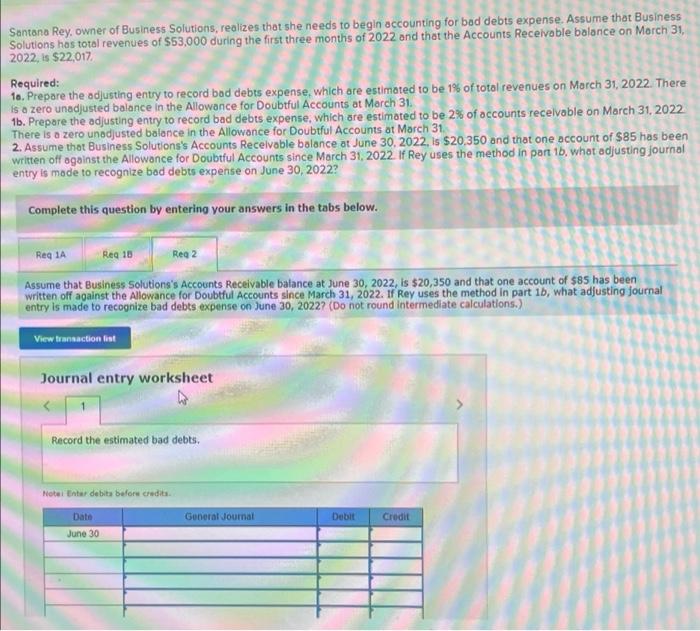 debts expense. Assume that Business Solutions hos total revenues of $53,000 during