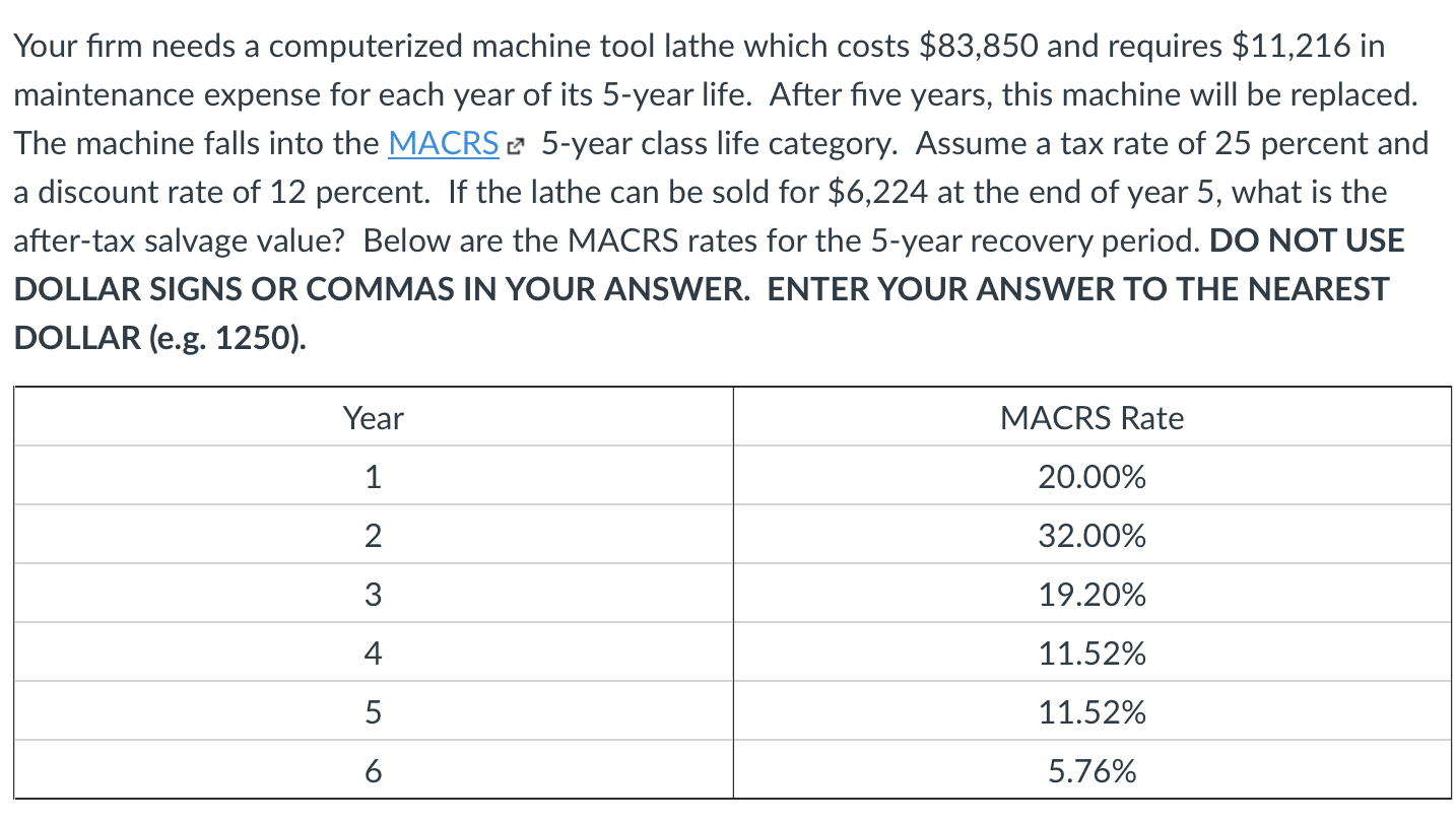  Your firm needs a computerized machine tool lathe which costs $83,850