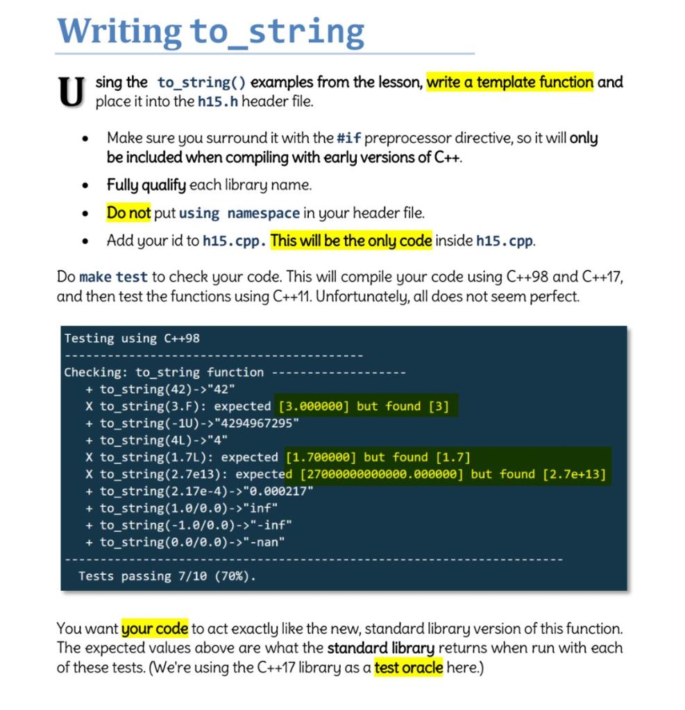IMPORTANT: please type code to_string() in header, cpp will only have main()