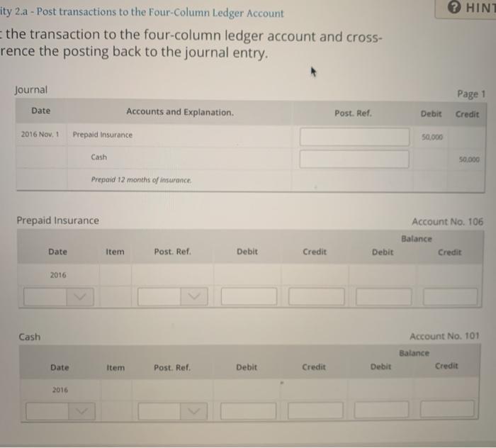  ? HINI ity 2.a - Post transactions to the Four Column