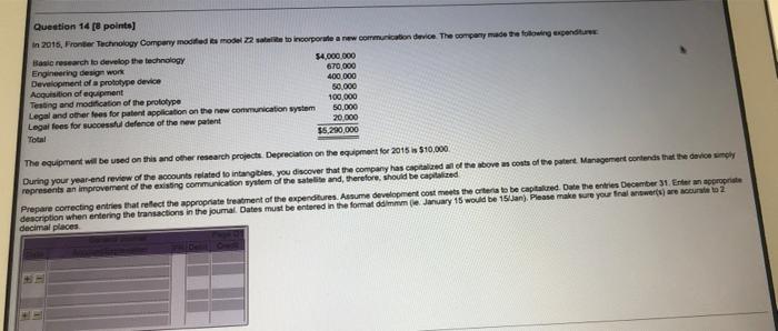  Question 14 [8 points) In 2015, Frontier Technology Company modified as