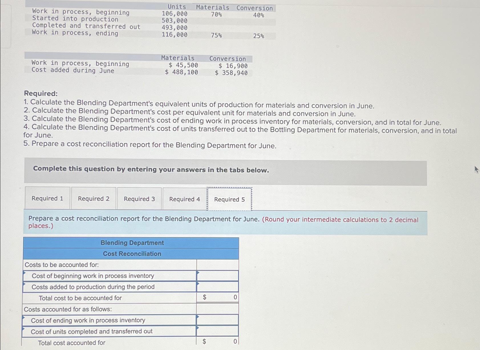  \table[[Work in process, beginning,Units,Materials,Conversion],[Started into production,106,000,70%,40% 