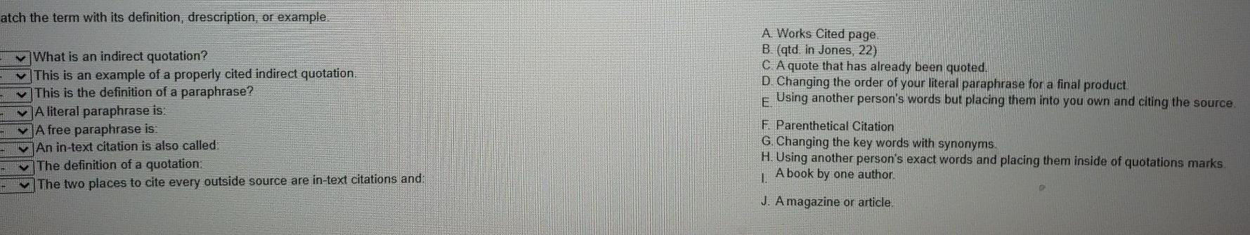  atch the term with its definition, drescription, or example, What is