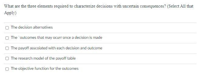 What are the three elements required to characterize decisions with uncertain