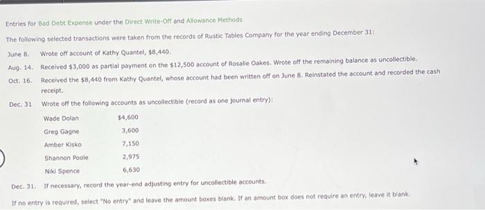  Entries for Bad Debt Expense under the Direct Write-Off and Allowance