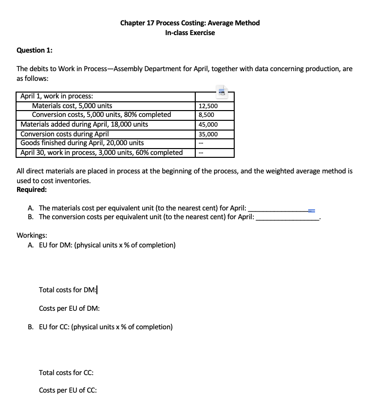 Chapter 17 Process Costing: Average Method In-class Exercise Question 1: The