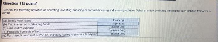 answer me 1 ques Question 1 [5 points] Classify the following activities