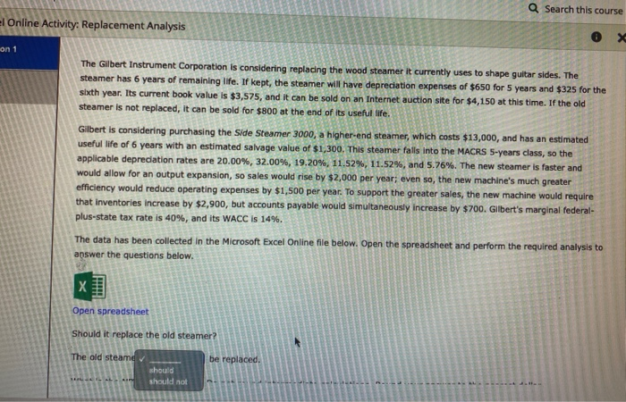  Q Search this course el Online Activity: Replacement Analysis X on