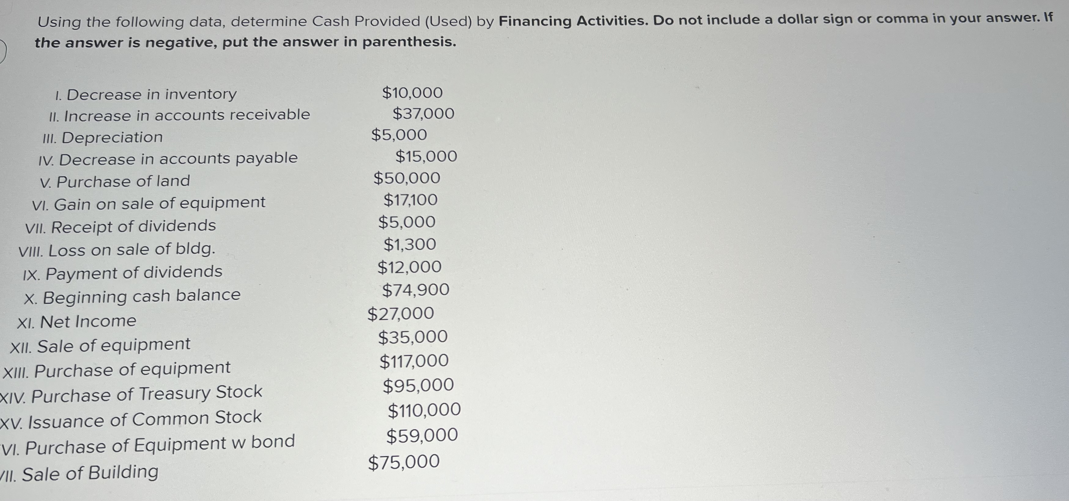  Using the following data, determine Cash Provided (Used) by Financing Activities.