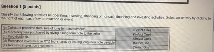  Question 1 [5 points] Classify the following activities as operating, investing,