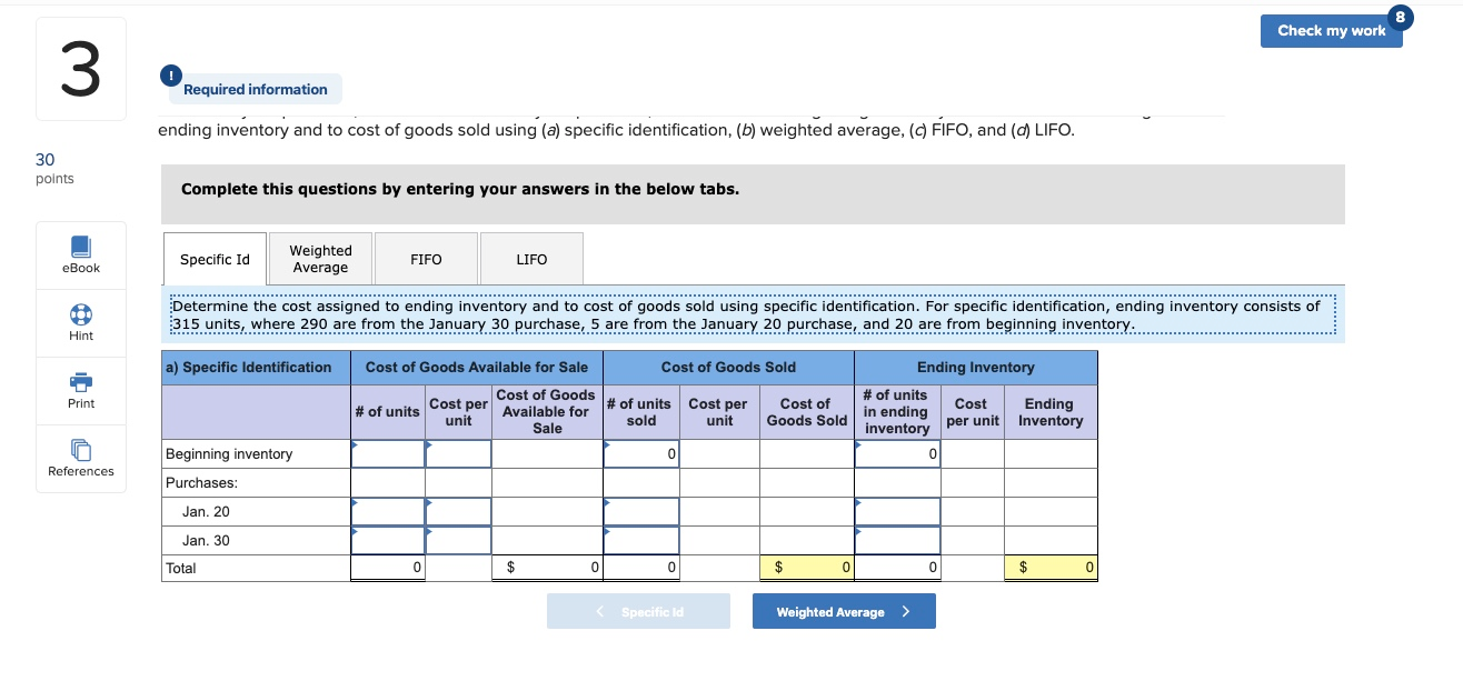 my work 30 points Required information Use the following information for the