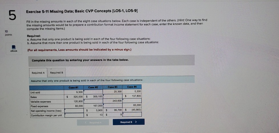  Exercise 5-11 Missing Data; Basic CVP Concepts (L05-1, LO5-9) Fill in